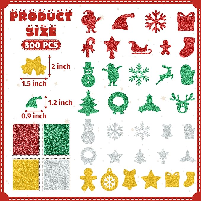 300 Pcs Christmas Foam Stickers Bulk, Self-Adhesive Christmas Stickers DIY Craft, Glitter Santa Claus Snowman Snowflake Pattern, Xmas Party Favors Winter Holiday Decorations