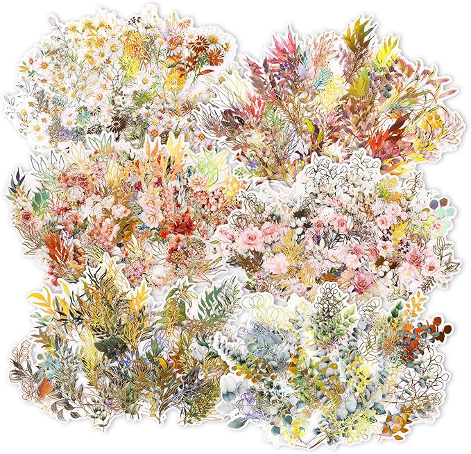 Dizdkizd Holographic Flower and Leaf Sticker Set, 240 Foil Gold Botanical Scrapbook Sticker Small Transparent Floral Decals for Journal, Planner, Photo Album, Card