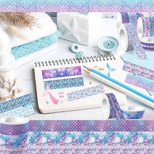 Mermaid Washi Tape Set 12 Rolls, Marine Animal Washi Tape, DIY Decorative Tape for Suitable for Scrapbooking Decorations, Art journaling Accessories, and Craft Projects