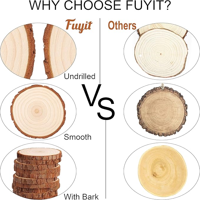 Fuyit Unfinished Wood Slices with No Hole, 25 Pcs 3.1-3.5 Inches Natural Wooden Circles with Bark for DIY Crafts, Christmas Ornament, Decoration