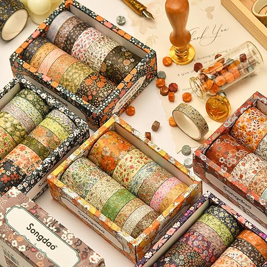 12 Rolls Flowers Washi Tape Set Floral Arts Adhesive Tapes Blooming Garden Decorative Masking Tape Sets for Craft, Kids, Scrapbook, DIY, Gift Wrapping (Autumn Twilight)