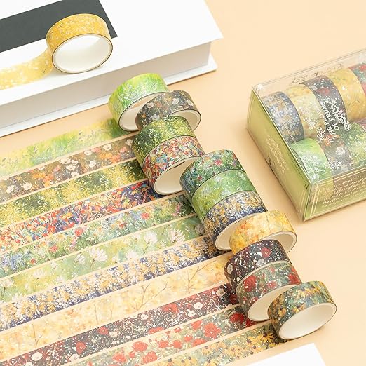 12 Rolls Flowers Washi Tape Set Floral Arts Adhesive Tapes Splast Silver Decorative Masking Tape Sets for Craft, Kids, Scrapbook, DIY, Gift Wrapping (Verdant Glow)