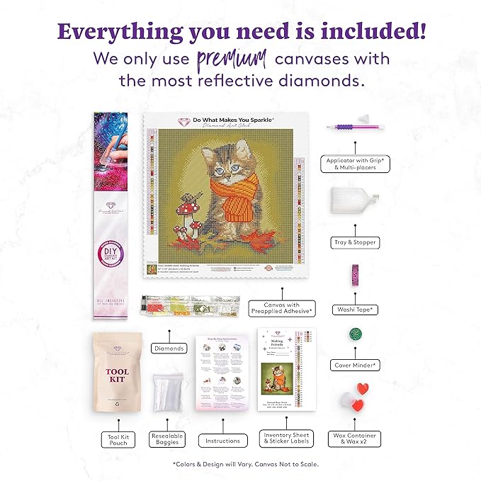 DIAMOND ART CLUB Making Friends - Kitty Diamond Painting Kit, Fun DIY Crafts for Adults, Round Diamond Art Canvas, 13" x 13"