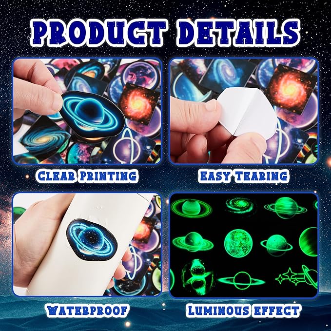 Glow in The Dark Neon Planets Water Bottle Stickers for Kids, 70 PCS Vinyl Space Waterproof Decals for Laptop Phone Case, Solar System Decor for Adults Kids Girls Boys