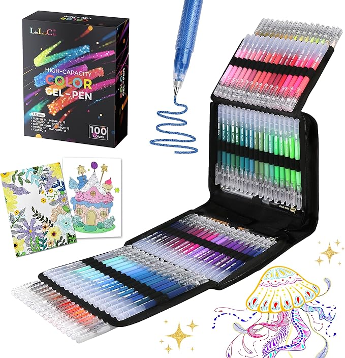Gel Pens for Adult Coloring Book, 100 Colors Large Capacity Metallic Glitter Gel Pens with Case, 1.0 mm Bullet Tip Smooth Writing, Artist Colored Gel Ink Pen for Coloring Drawing Journaling