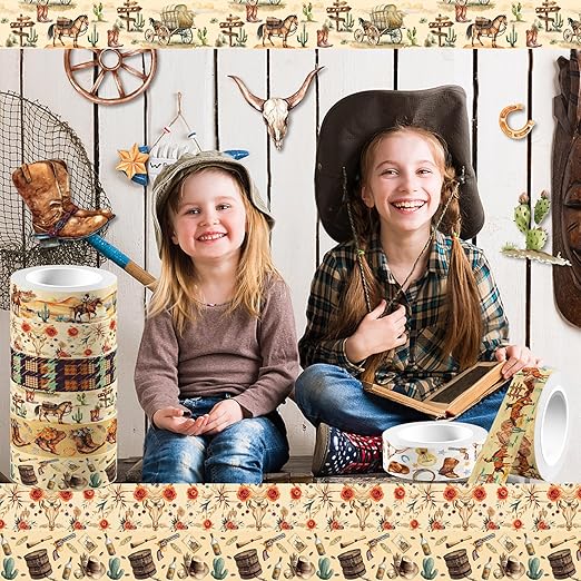 Adirasenotek 12 Rolls Western Washi Tape Set, Cowboy Cowgirl Decorative Paper Stickers, DIY Art Crafts Wrapping Decor for Gifts, Cowboy Stickers