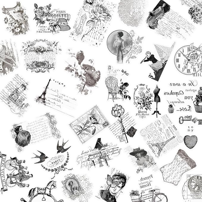 50PCS Vintage French Aesthetic Scrapbook Stickers – Clear Retro Paris Floral Postage Stickers for Journals, Card Making, Planners Diary Decoration