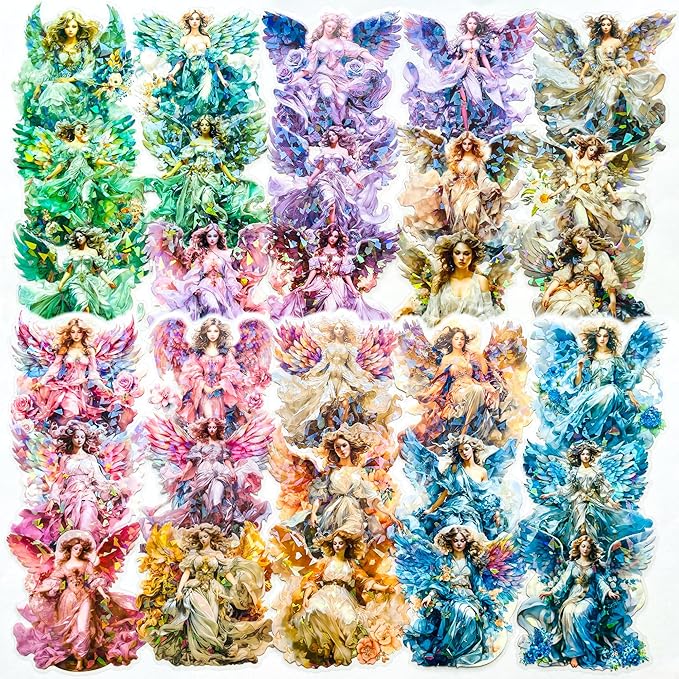 Yoksas Large Holographic Shiny Fantasy Angel Fairy Stickers - 30Pcs Waterproof Clear Glitter Christian Faith Scrapbook Stickers for Junk Journals,Planner,Resin Art Supplies