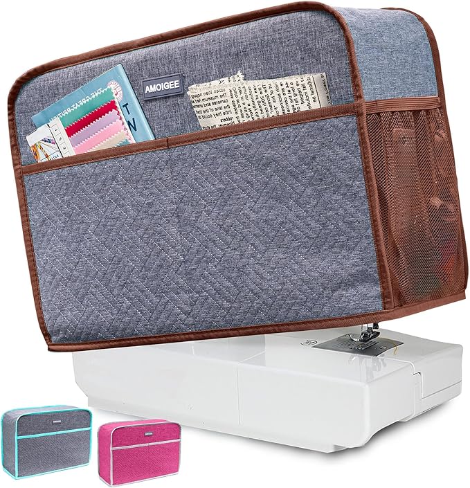 AMOIGEE Sewing Machine Cover for Brother, Singer, Janome – Quilted Dust Cover with Storage Pockets, Padded Protective Sewing Machine Case Fits Most Standard Sewing Machines (17" x 7" x 12")