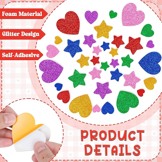 300 PCS Glitter Heart Stickers, Colorful Self Adhesive Foam Star Heart Stickers, Arts Craft Mini Star Bulk for Valentine Crafts DIY Greeting Card Envelopes Scrapbooking