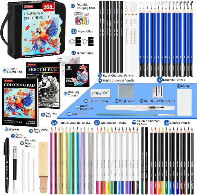 106 Pack Drawing Set Sketching Kit, Pro Art Supplies with 3-Color Sketchbook, Coloring Book, Graphite Colored Charcoal Watercolor & Metallic Pencils, Drawing Supplies Gift Case for Artists Adults Kids