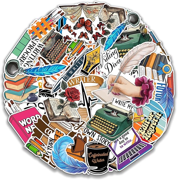 Writer Stickers 50 Pieces Writing Author Sticker Vinyl Waterproof Decal for Laptop Water Bottle Phone Car Window Stakeboard Scrapbook Gifts for Kid Teen Adult