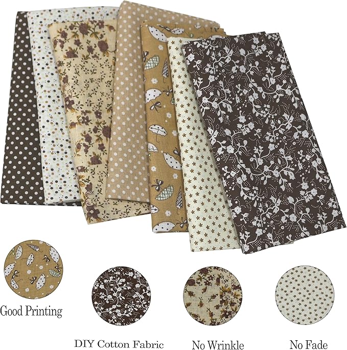7PCS/lot Coffee Series Floral Cotton Fabric Quilting Patchwork Fabric Fat Quarter Bundles for Scrapbooking, Cloth Sewing, DIY Crafts, Handmade Bags, Pillows - 19.7X19.7inches