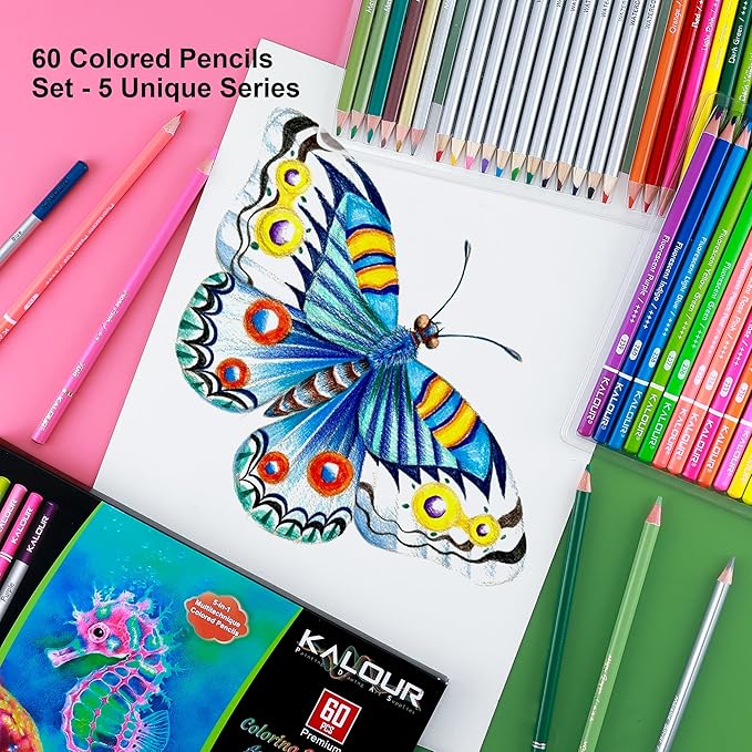 KALOUR 60 Art Drawing Pencils Set,Including Oil-Based, Metallic, Watercolor, Neon, Macaron Pastel Colored Pencils.Ideal for Sketching, Coloring & DIY Crafts,Gift for Adults Kids Artists Beginner