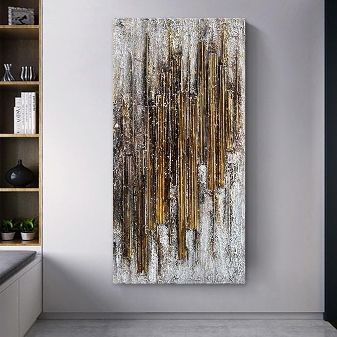 Hand Painted 24x48 inch White and Gold Abstract Wall Decoration Oil Painting Thick Texture Minimalist Art