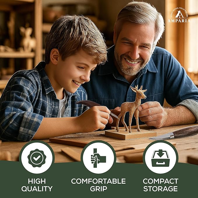 Wood Carving Kit – 28Pcs Whittling Knife Set with 9 Knives, Basswood Blocks w/Carved Guides, Safety Gloves, Whetstone, Stropping Leather & Roll Bag – AMPARIA Premium Tools for Beginner & Professional