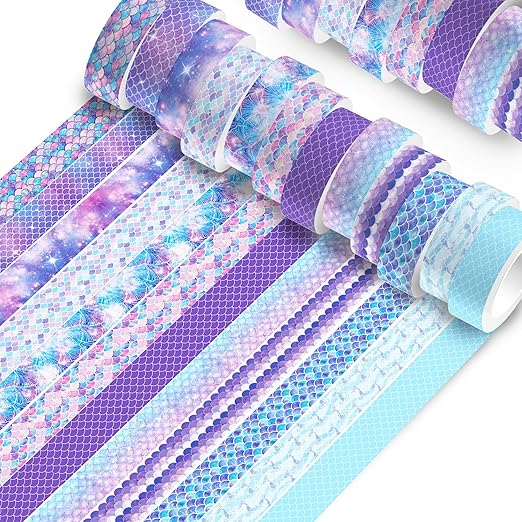 Mermaid Washi Tape Set 12 Rolls, Marine Animal Washi Tape, DIY Decorative Tape for Suitable for Scrapbooking Decorations, Art journaling Accessories, and Craft Projects