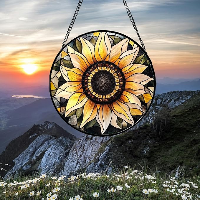 Stained Glass Window Hanging - Sunflower Suncatcher for Door Garden Patio Retro Flower Sun Catchers Decor Christmas Mother's Day Birthday Gifts for Women Mom Nana Friend Wife 11.8 in