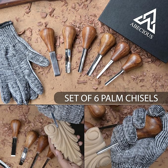 Premium Wood Carving Tools Set of 6 Pcs - Wood Carving Kit with Gloves for Woodcarving with Ash Handles Wood Carving set of Palm Gouges & Flat Chisels for Beginners to Whittling in Different Shapes