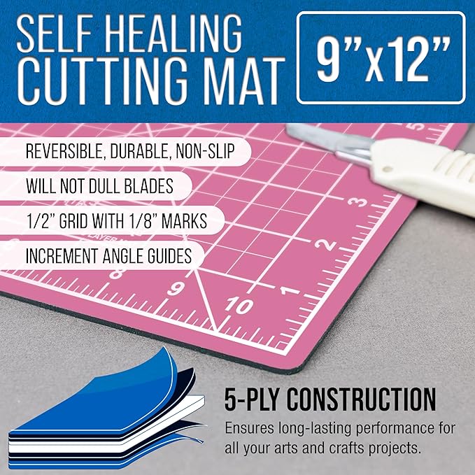 U.S. Art Supply 9" x 12" Self-Healing Cutting Mat 5-Ply - Double-Sided Pink/Blue Craft Mat, Non-Slip Cutting Mats for Crafts, Sewing, Quilting, Scrapbooking