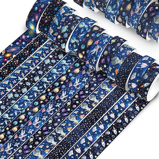 12 Pcs Space Planet Washi Tape Space Planet Masking Tape Decorations Astronaut Starry Sky Decorative Paper Sticker for Galaxy Journals, Planners, DIY Craft Gift Wrapping Handbook Stickers