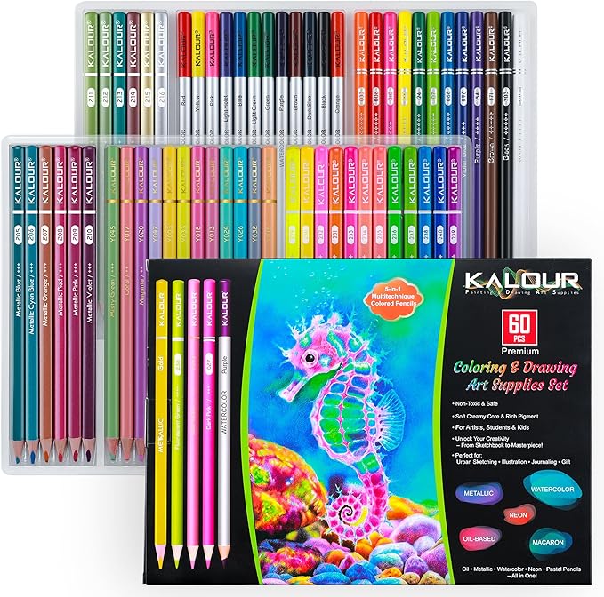 KALOUR 60 Art Drawing Pencils Set,Including Oil-Based, Metallic, Watercolor, Neon, Macaron Pastel Colored Pencils.Ideal for Sketching, Coloring & DIY Crafts,Gift for Adults Kids Artists Beginner