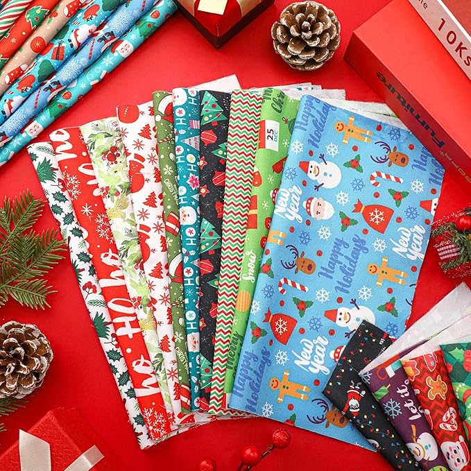 Tudomro 70 Pcs 10 x 10 Inch Christmas Quilting Fabric Squares Santa Gingerbread Man Fabric Bundles Snowman Candy Cane Printed Precut Patchwork Materials for Xmas Winter DIY Crafts Cloths Handmade
