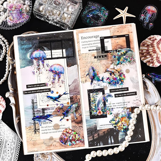 120Pcs Holographic Sea Animal Stickers - Transparent Ocean Life Decals Featuring Jellyfish, Seahorses, Dolphins, Whales, Conch Shells for Scrapbooking, Journals, Resin Art Projects