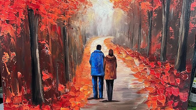 Autumn Forest Path Canvas Wall Art, Red Fall Trees Oil Painting, Large Modern Textured Artwork