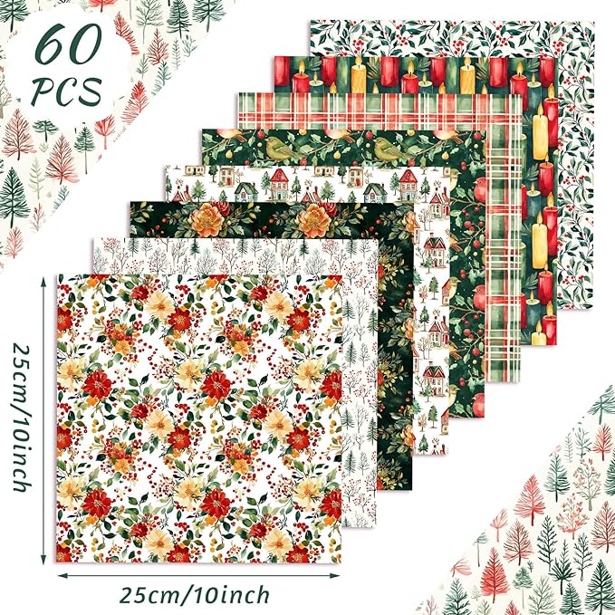 60 Pcs 10 x 10 Inch Vintage Woodland Christmas Quilting Fabric Christmas Fat Squares Patchwork Precut Poinsettia Sweater Fabric Bundles for Xmas Winter Quilting Crafting DIY Craft Sewing