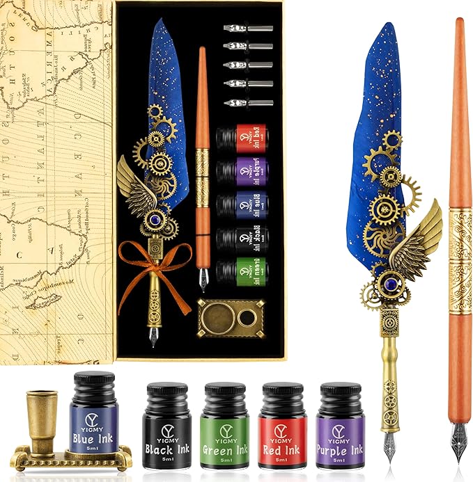 Quill Pen and Ink Set, Calligraphy set - feather quill pen, Wooden Dip Pen, 5 Color Ink, 5 Replaceable Nibs, Pen Holder,Vintage Calligraphy Pens for Beginners and Calligraphy Lovers (Blue)