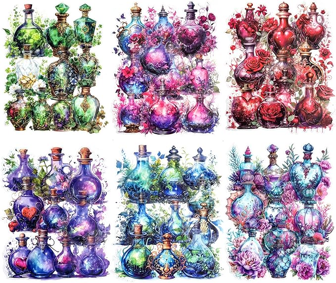 Large Floral Magical Potion Bottle Sticker Set – 60 Pcs Colorful Fantasy Potion Bottle Aesthetic Decals for Scrapbooking, Journals, Laptops Art Crafts, Witch Supplies