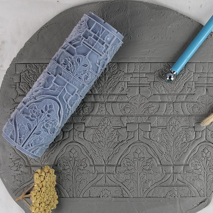 Floral Stonework Clay Texture Roller (4") - Seamless Set #02 - Embossing Pattern Roller for Polymer & Ceramic Clay, Pottery & Crafts