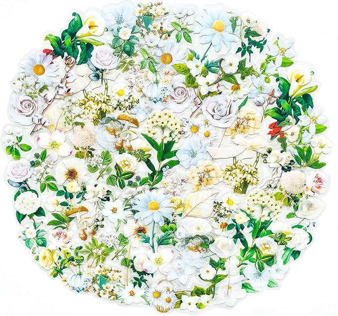 100 Pcs White Floral Stickers for Scrapbooking – Clear Flower Plant Decals, Aesthetic Botanical Watercolor Stickers for Journaling, Planners, Cards, Resin Crafts