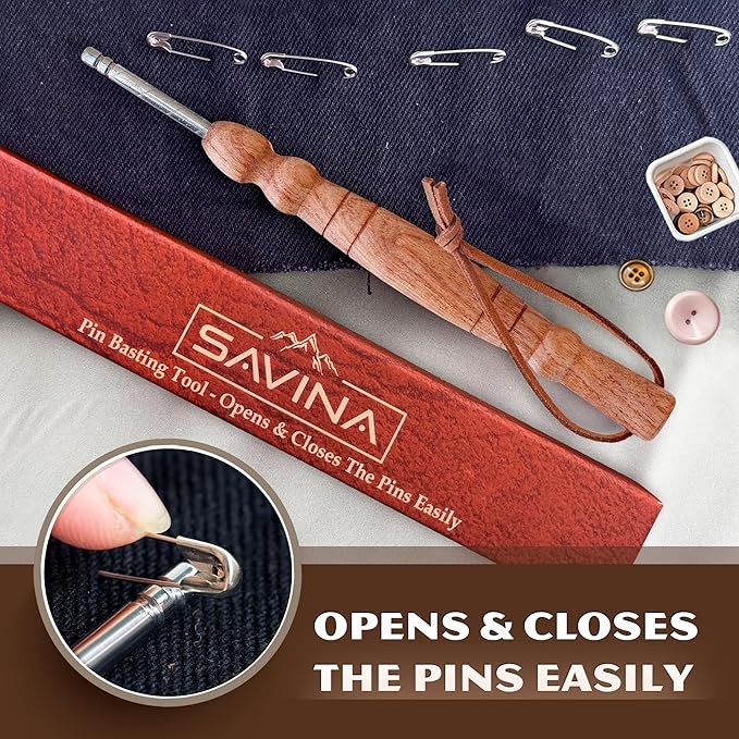 Savina Pin Basting Tool - Opens & Closes The Pins Easily, Saves Your Finger When Pinning Quilt - A Handcrafted Sewing Tool for Quilters & Sewers.
