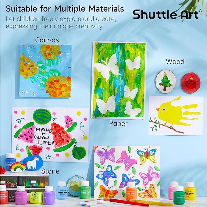 Shuttle Art Washable Finger Paint Set, 15 Colors (2 fl oz) Toddler Paint, Non-Toxic Finger Painting for Toddlers, Kids Arts and Crafts