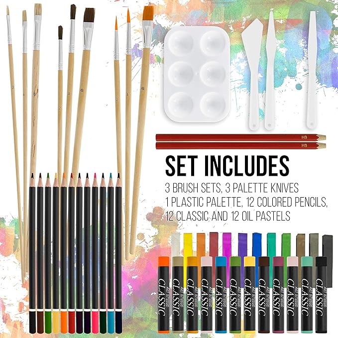 U.S. Art Supply 95 Piece Wood Box Easel Painting Set - Oil, Acrylic, Watercolor Paint Colors and Painting Brushes, Oil Artist Pastels, Pencils - Watercolor, Sketch Paper Pads - Canvas, Palette, Knifes
