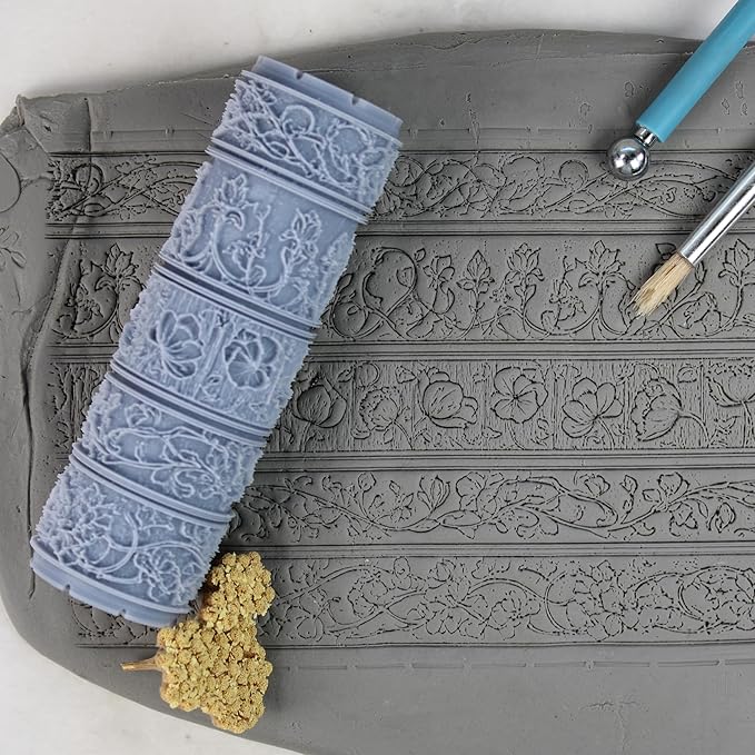 Garden Scrollwork Clay Texture Roller (4") - Seamless Border Set #01 - Embossing Pattern Roller for Polymer & Ceramic Clay, Pottery & Crafts