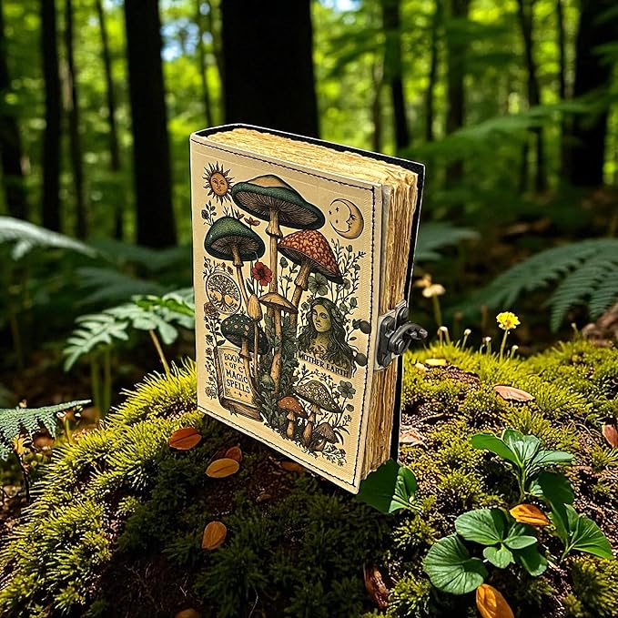 Blank Spell Book of Shadows Magic Spells Leather Journal – Vintage Botanical Mushrooms & Celestial Sun Moon Print Diary