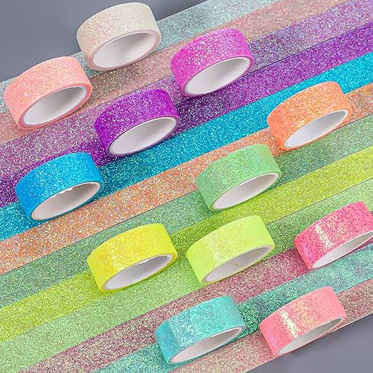 TIESOME 12 Rolls Glitter Washi Tape Set, 15mm Macaron Cute Colored Masking Tape, Decorative Masking Tapes for DIY, Scrapbook, Journal, Gift Wrapping, Crafts