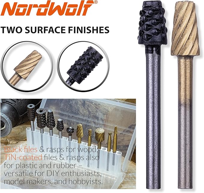 NordWolf 10-Piece Wood Carving Rasp Files Set for Rotary Tools, with 1/8" Straight Shank for Woodworking, Deburring, Shaping & Grooving in Storage Case