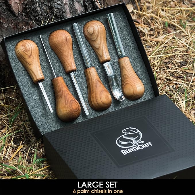BeaverCraft Wood Carving Gouges Kit SC05 - Wood Carving Chisels Set with Palm Gouge & Flat Straight Chisel, Rounded Short Bent, V-chisels - Whittling Knives, Tools for Beginners and Profi Carvers