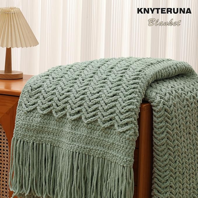 #6 Super Bulky Blanket Yarn for Crocheting - 4 Skeins(Each 10.5oz/300g, 220yds/201m), Chunky Chenille Thick Plush Big Soft Yarn for Crocheting Knitting Blankets, Sage Green