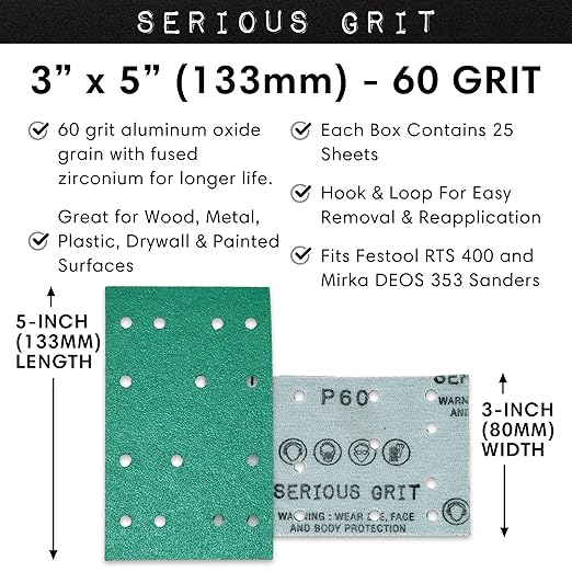 Serious Grit - 3" x 5" (80mm x 133mm) 14-Hole 60 Grit Sanding Sheets - Fits Festool RTS 400 & Mirka Deos 353 - Heavy-Duty Hook & Loop Film Abrasives - Sandpaper for Sheet Sanders - 25 Pack Box