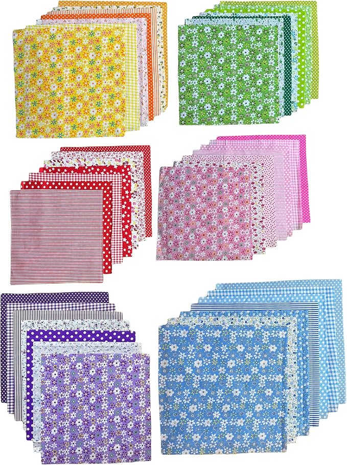 42PCS Cotton Fabric Squares for Quilting-9.8x9.8 inches, Multi-Color Floral Prints, Red Pink Yellow Green Blue Purple