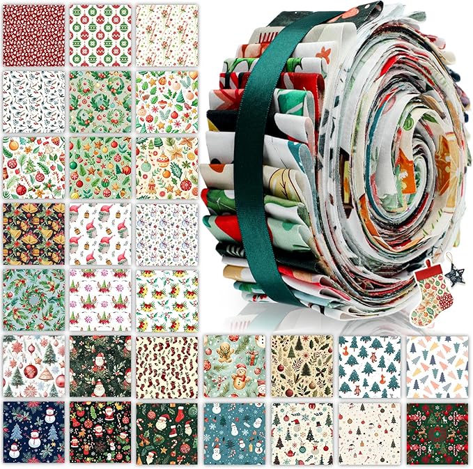 60 Pcs Christmas Quilting Fabric Roll 2.6 x 40" Cotton Fabric Strips Precut Jelly Patchwork for Craft Sewing(Winter)