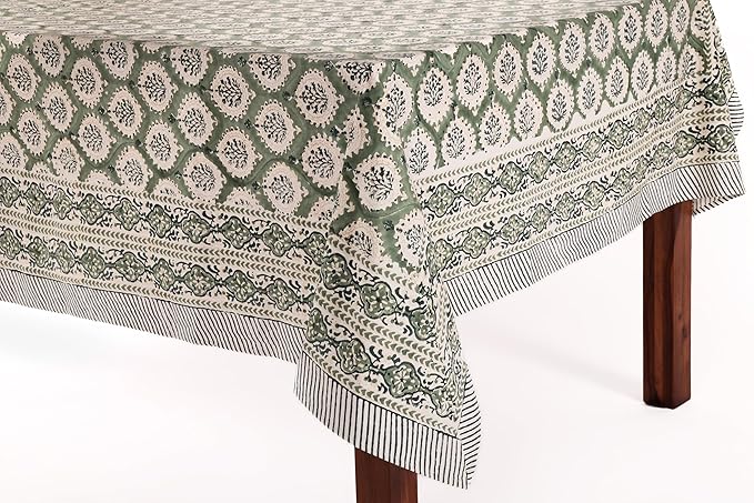 ATOSII Kari Green 100% Cotton Rectangle Fall Tablecloth, Block Print Floral Table Cloth Linen for Dining Parties Outdoors Christmas Thanksgiving Grandmillennial Home Decor 72 X 140 Inches I 12 Seater