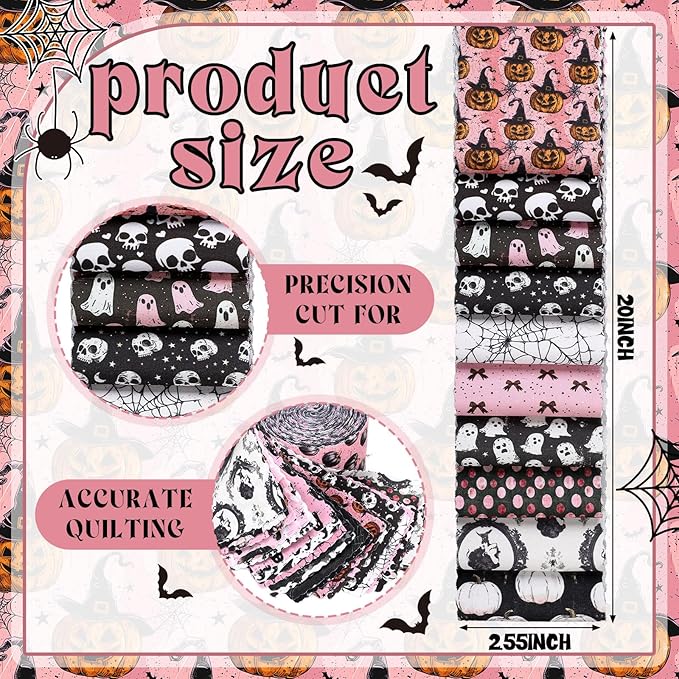 Ganeen 100 Pcs Pink Gothic Christmas Quilting Fabric Roll Retro Ghost Pumpkin 2.56 Inch Fabric Squares Jelly Patchwork Precut Strips Bundles for Halloween Materials Craft DIY Sewing Cloths