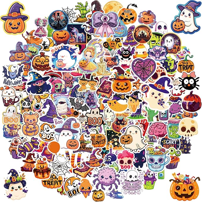 100Pcs Halloween Stickers for Adults,Non-Repeating Vinyl Waterproof Pumpkins Ghost Witches Stickers Cute Sticker Bulk Halloween Holiday Party Gifts Decor