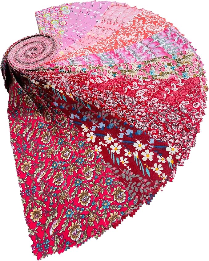 Jelly Roll Fabric 100% Cotton Quilting Fabric, 40 Pre-Cut Strips (2.5 x 44 Inch) for Quilting and Sewing - 10 Assorted Floral Prints-Red Floral